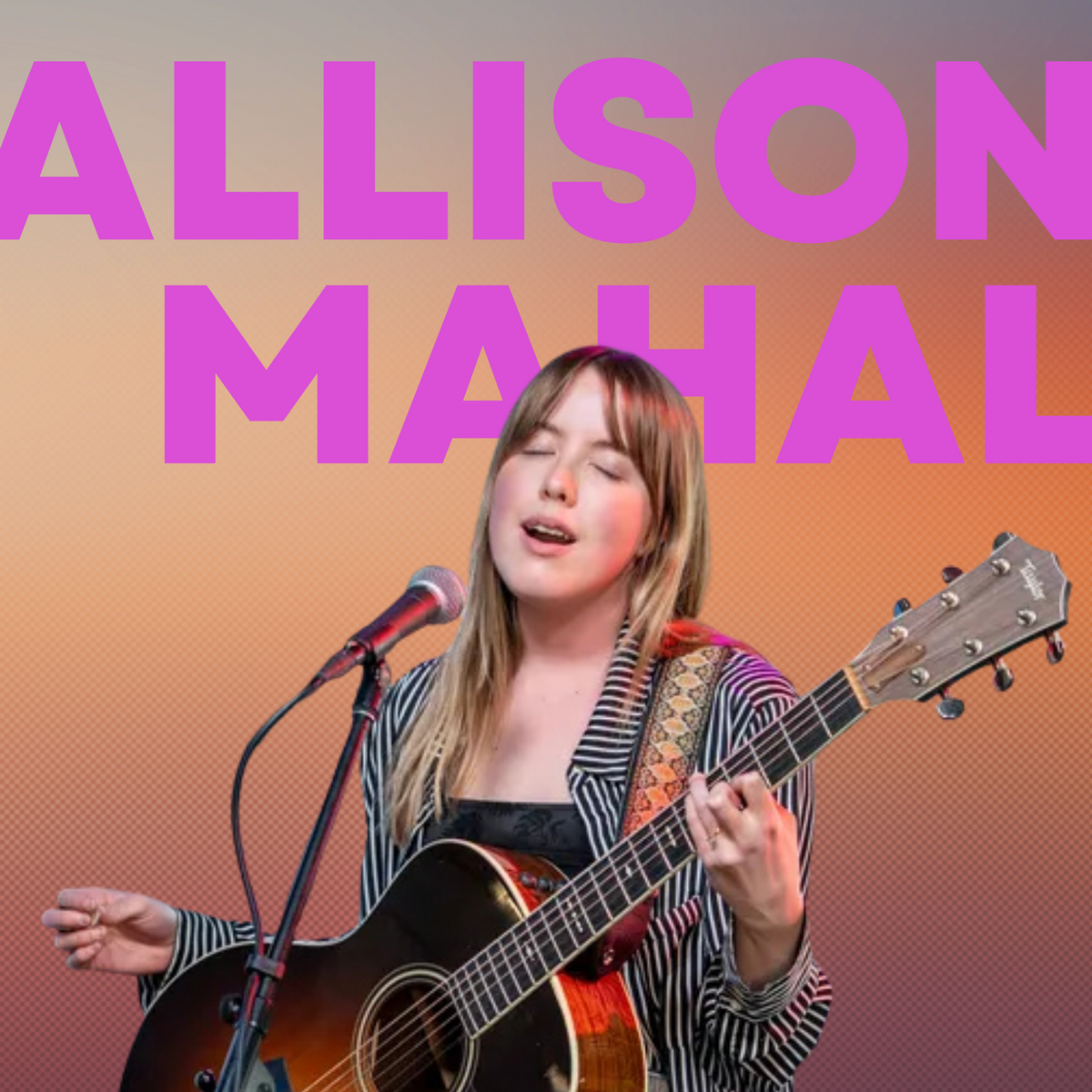 Person playing guitar with 'Allison Mahal' text in pink above