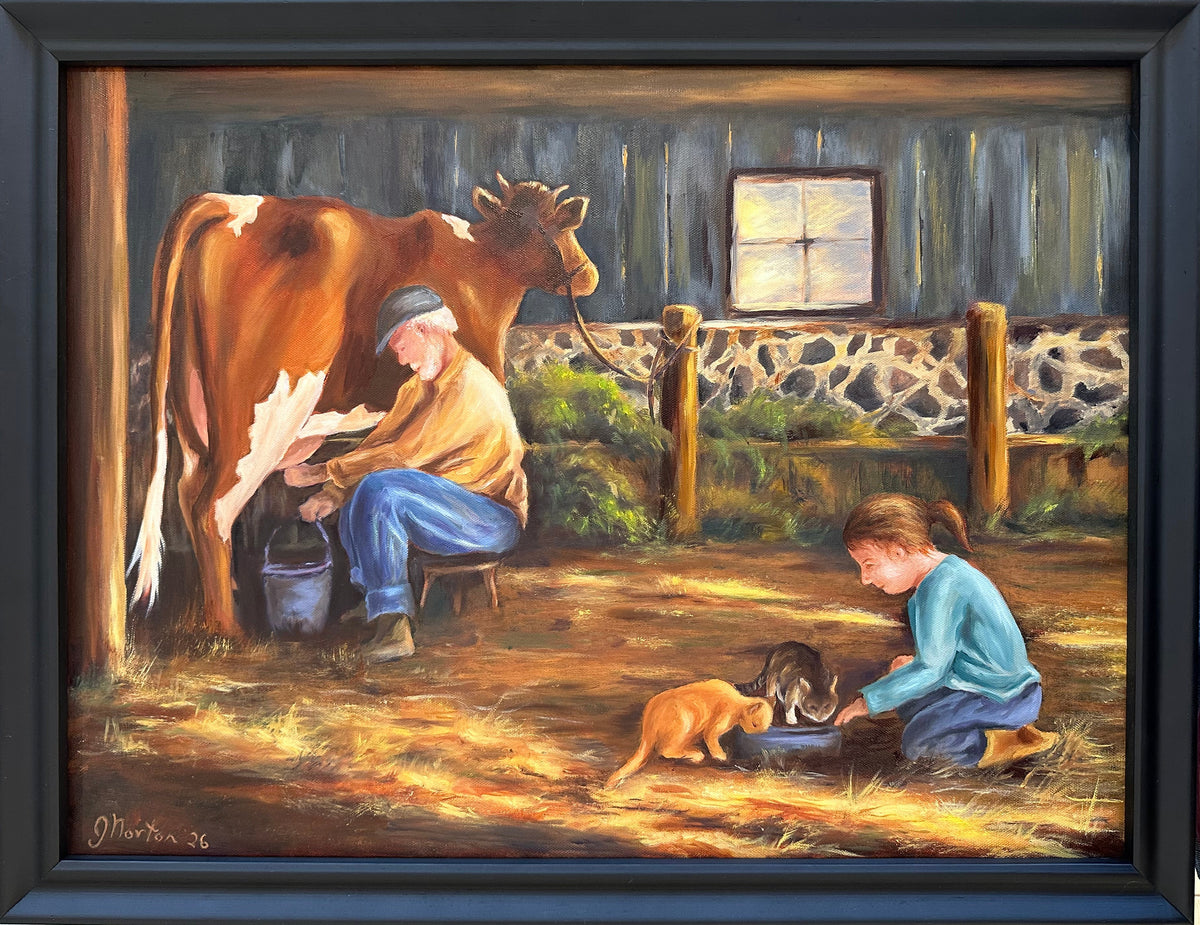 Painting of a man and a girl with a cow and cats in a barn setting