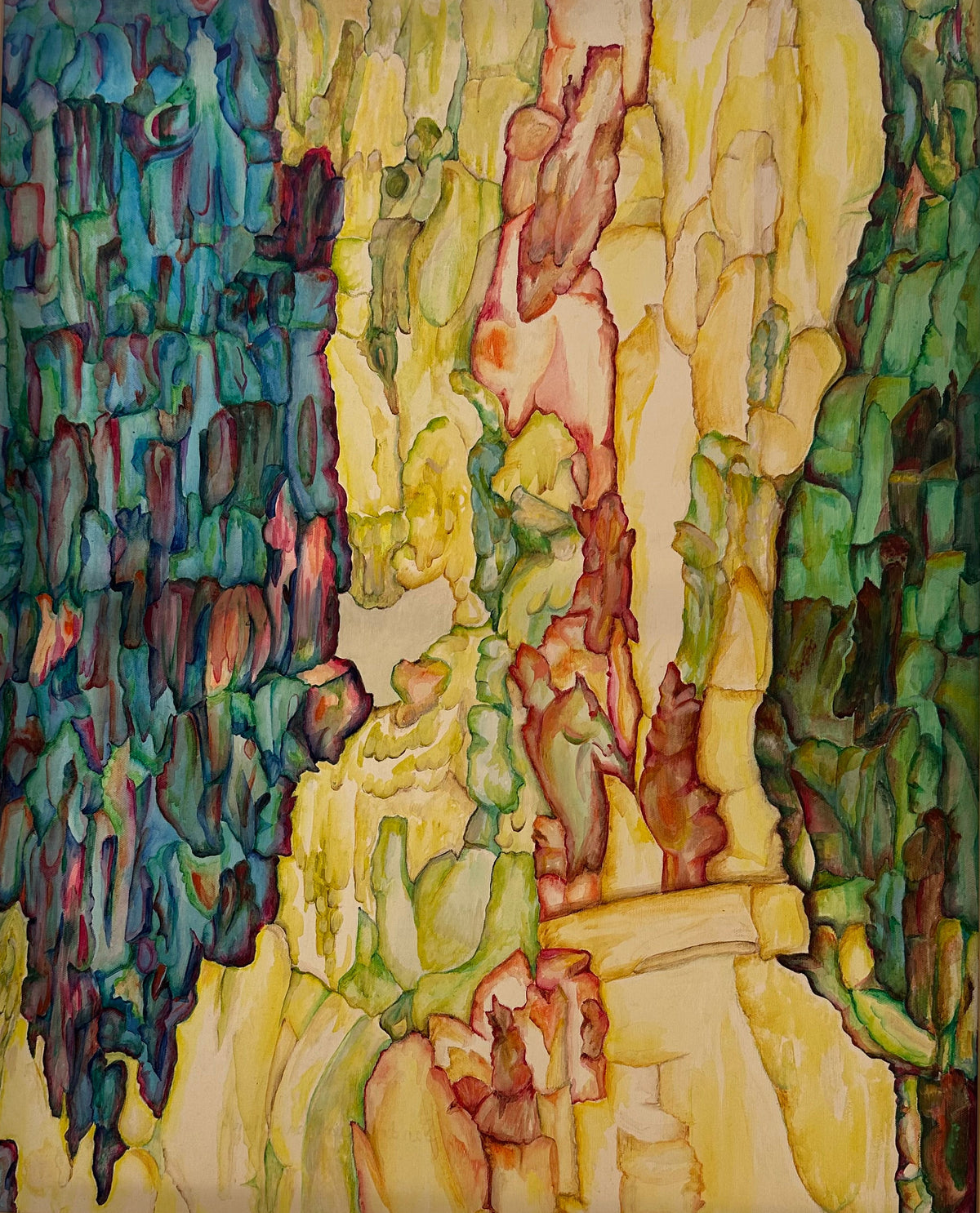 Framed abstract painting with a colorful landscape design on a light wooden floor.