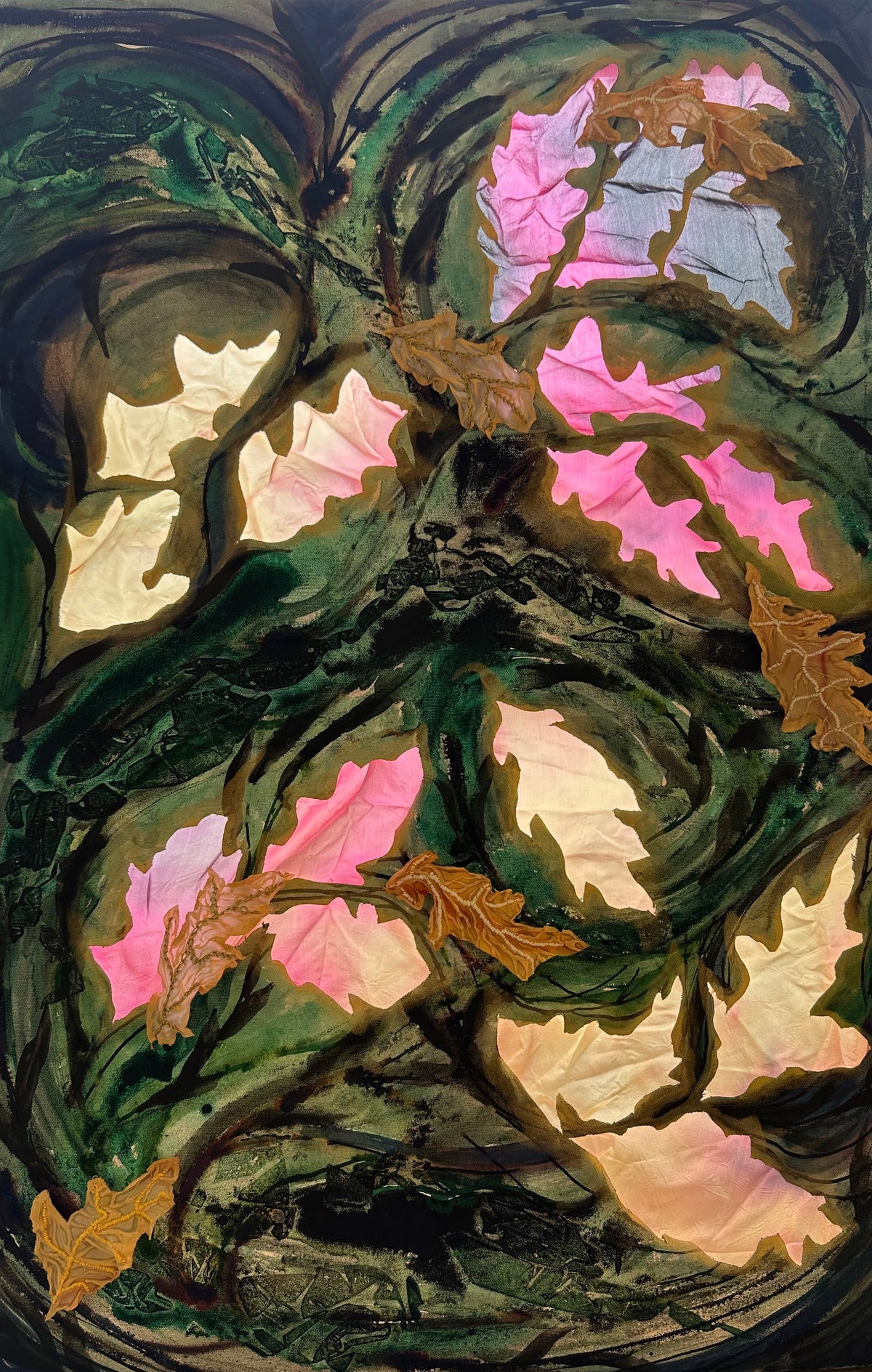 Abstract leaf motif art piece with swirling patterns in green, pink, and brown on a dark background.