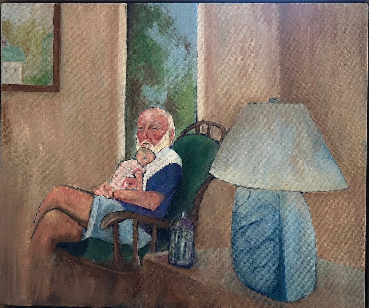 Painting of an elderly man holding a baby in a chair with a lamp next to him, displayed indoors.