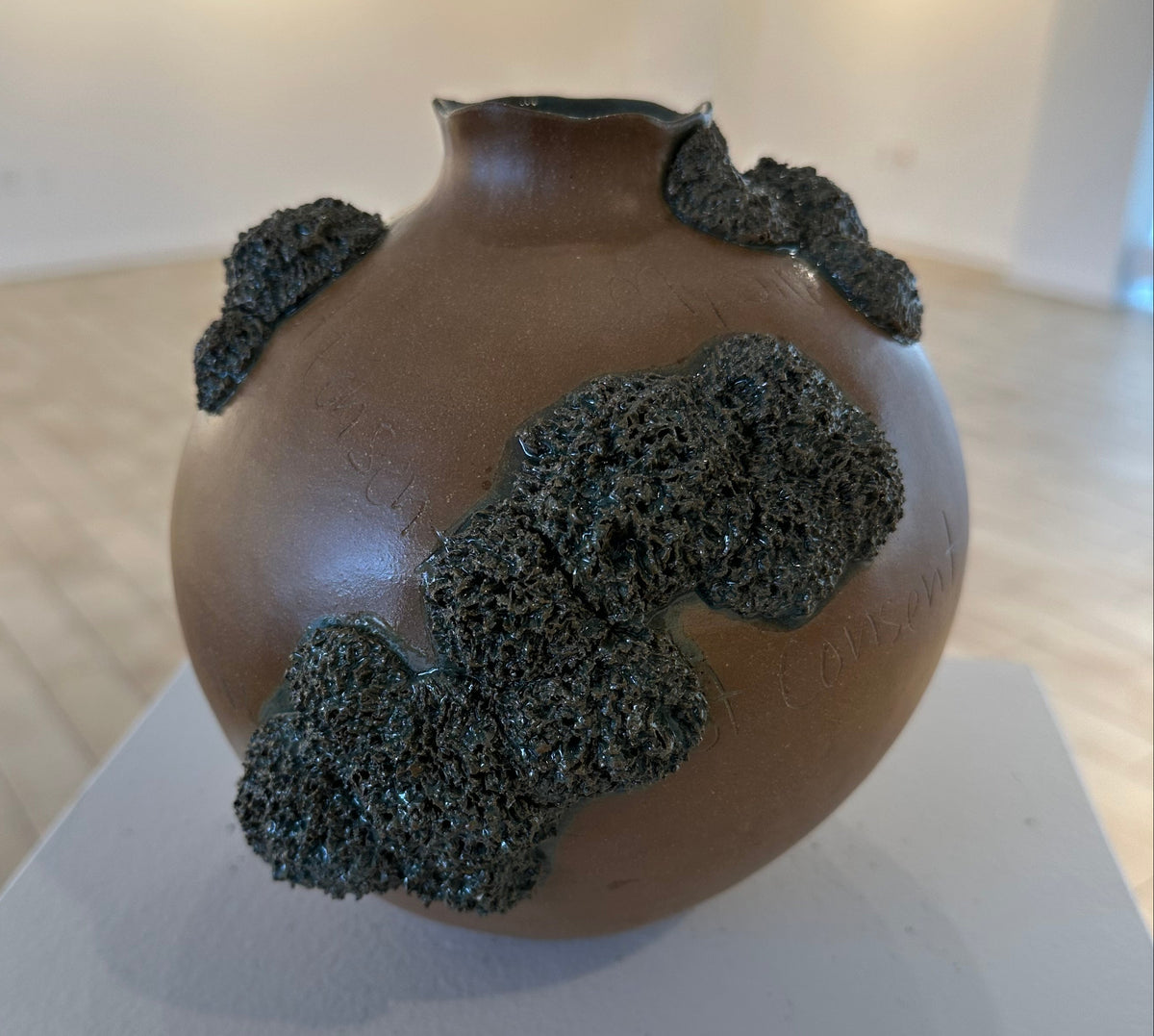 Brown spherical object with textured black decorations on a white surface
