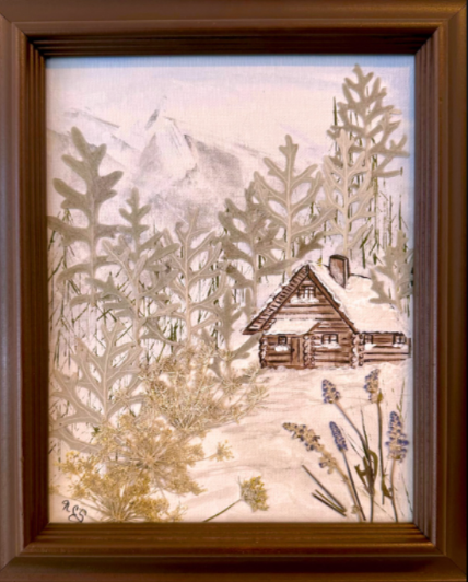 Winter Cabin in the Woods | Nancy Swenson | Acrylic and Pressed Flowers
