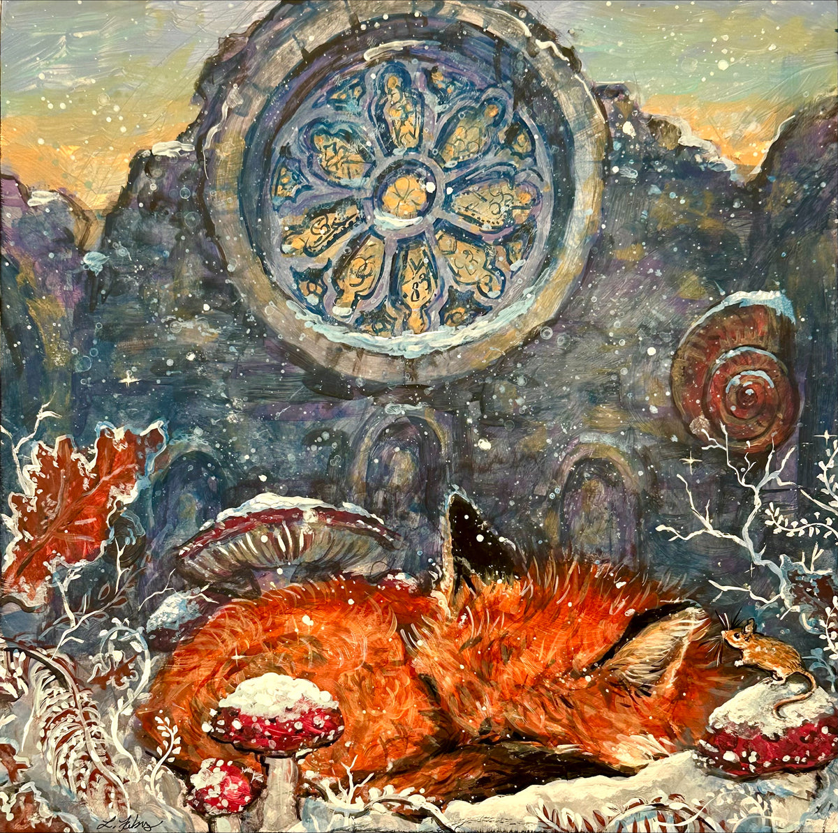 Fox in a snowy landscape with decorative elements and a large wheel in the background